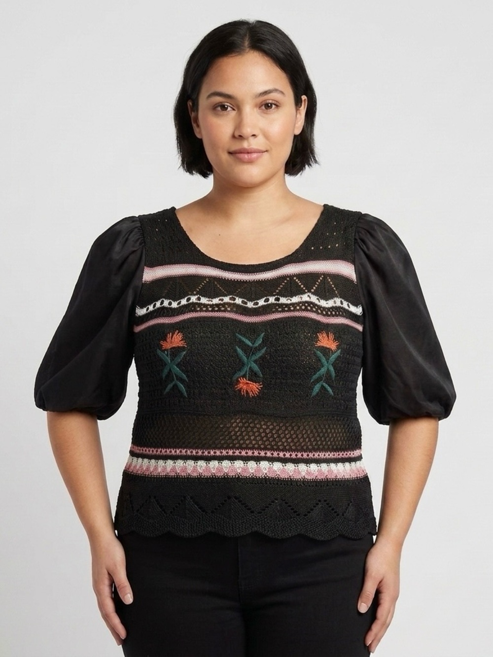 NWOT Milkmaid Crochet Cropped Top Floral Embroidered Puff Sleeve Boho Black XS